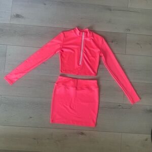 Piece Mini Skirt Set Women Bodycon Long Sleeve Crop Tank Top Sexy Fuchsia